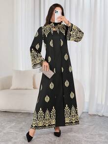 Women's Elegant Black & Gold Printed Long Dress - High Neck, Bell Sleeves, Fitted Silhouette, Suitable For Spring/Autumn Party, Gathering And Holiday Celebration - Black - View 6