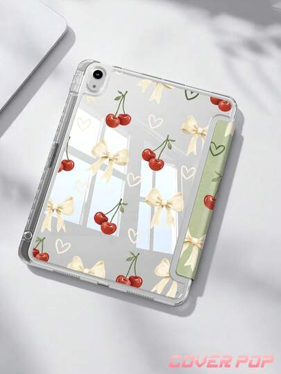 Beige Bow & Cherry Double-Sided Painted Effect Acrylic Crystal Cover For 10th Generation, 10.2/Mini6/Mini7/9.7inch/11inch, Tablet Case Compatible With Samsung Galaxy Tab A9 Plus,3+Y Fold Anti-Bend, Reinforced Silicone Corners, Auto Wake/Sleep Function, Built-In Pencil Slot, Multi-Angle Foldable Stand - Perfect Daily Protection, Great Holiday Gift