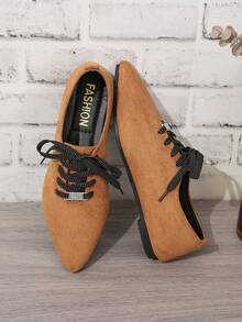 女士时尚尖头系带平底鞋，舒适易穿，适合春秋季节，大码可选 - 棕色 - 查看 6