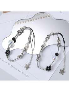 1pc New Beaded Phone Lanyard With Black Flower & Starfish Pendant, Women Phone Strap Accessory - Multicolor - View 2