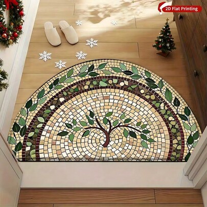 1pc Faux Brick Textured Tree Of Life Half-Round Doormat, Polyester Carpet, Home Porch Decor, Indoor Outdoor Entrance Mat, Modern Outdoor Entrance Rug, Doormat, Small Rug, Welcome Mat, Carpet, Floor Mat, Outdoor Doormat, Kitchen Rug, Home Decor, Front Door Mat, Area Small Rug, Outdoor Mat, Home Decor, Area Rug, Garden Carpet, Washable Rug