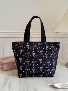 Portable Insulated Lunch Bag; Student Thickened Cute Lunch Fruit Bag; Bowknot Heart Print Lunch Bag - Black - View 11