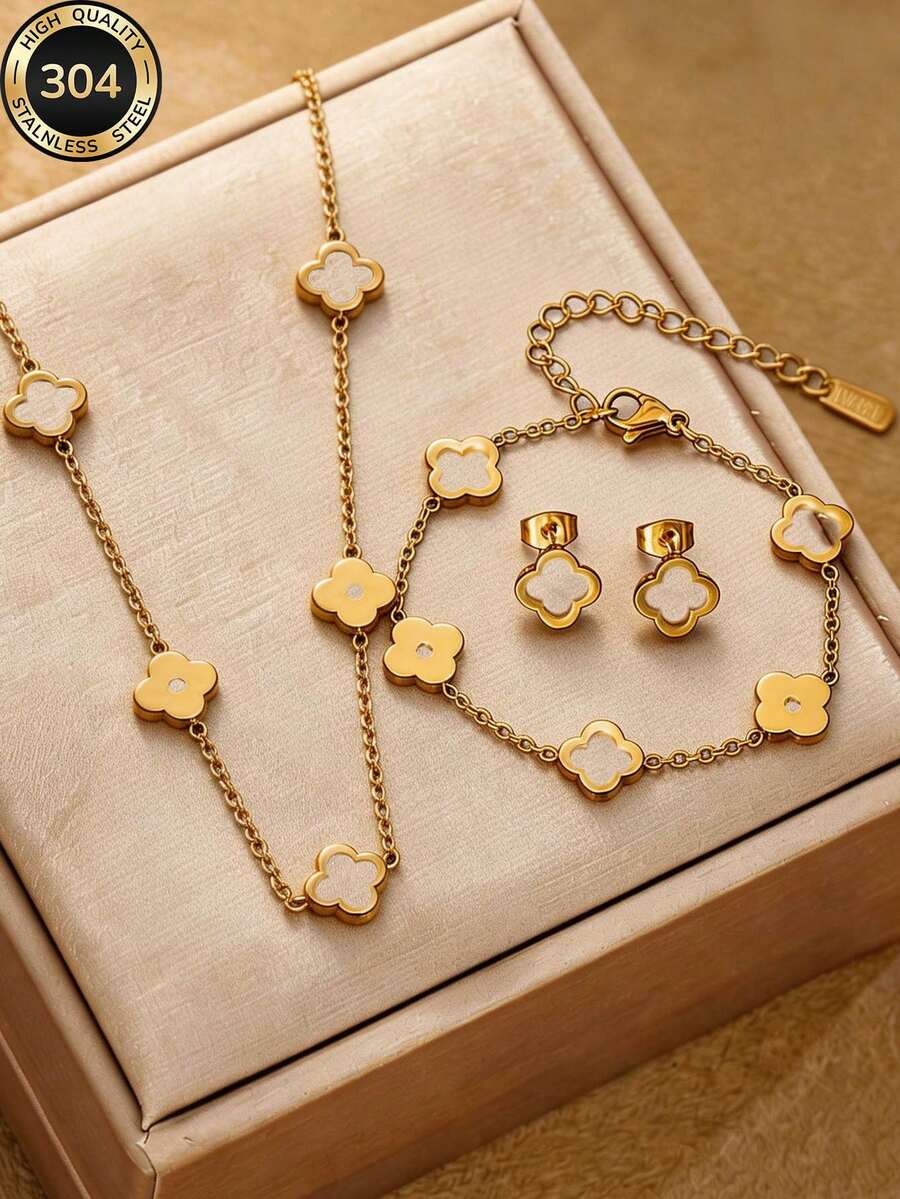 4件套女士夏季时尚罗马数字锆石不锈钢镀金耳环、手链、项链套装，防水防褪色，适合日常佩戴，是送给家人、朋友和女朋友的理想礼物。 - 4件套新1 - 查看 1