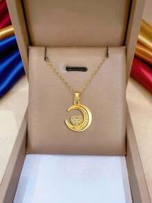 1pc Stainless Steel Moon Pendant Necklace, Inlaid With Rhinestones, Elegant Gift For Women - Gold - View 1