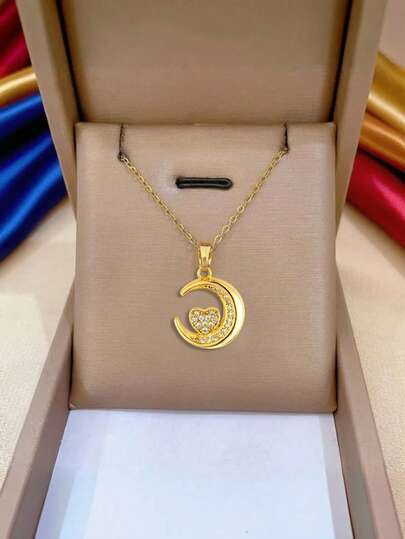 1pc Stainless Steel Moon Pendant Necklace, Inlaid With Rhinestones, Elegant Gift For Women