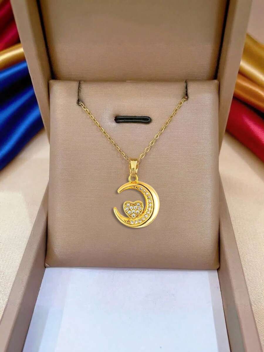 1pc Stainless Steel Moon Pendant Necklace, Inlaid With Rhinestones, Elegant Gift For Women - Gold - View 1