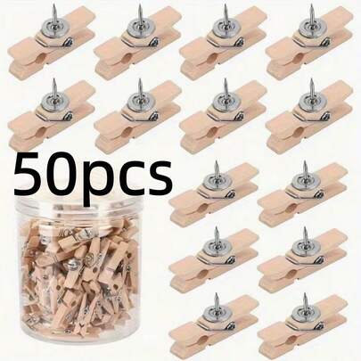 50pcs Wooden Push Pins Set, Packed In Transparent Box For Easy Storage And Carrying. These Multipurpose Push Pins Are Suitable For Cork Boards, Bulletin Boards And DIY Craft Accessories.