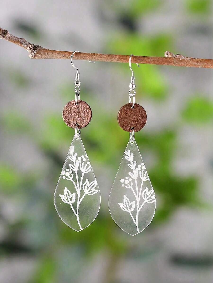 1 Đôi bông tai mặt dây chuyền hình giọt nước, trang trí hoa lá, làm từ acrylic, kiểu dáng thanh lịch, thiết kế tối giản cổ điển, thích hợp làm quà tặng trang sức cưới mùa hè, xuân cho phụ nữ, bà bầu và các dịp trang trọng. - Nhiều màu - Xem 1