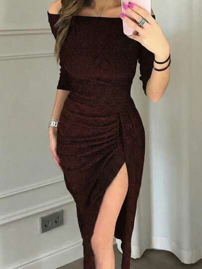 优雅正式派对亮片连衣裙，露肩设计，收腰，开衩，绿色中长连衣裙，春季款