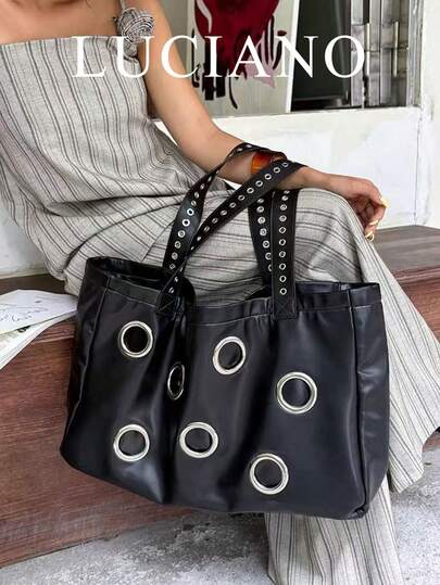 1pc Black Tote Bag, Rivet Decor Glossy Leather, Large Capacity Casual Shoulder Bag, Cool Personalized Style Handbag, Suitable For Daily Commute / Outings
