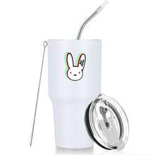 30oz Stainless Steel Tumbler Black White Options,  Colorful Bunny With Rainbow Ears And Text Graphic Cups, Insulated Travel Coffee Mug With Lid And Straw , Double Wall Vacuum Reusable Travel Cups, Funny Birthday Party Gift For Women & Men - 白色 - 查看 1