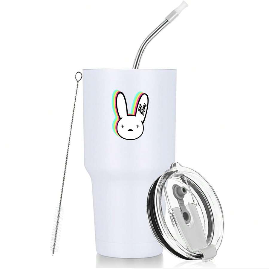30oz Stainless Steel Tumbler Black White Options, Colorful Bunny With Rainbow Ears And Text Graphic Cups, Insulated Travel Coffee Mug With Lid And Straw , Double Wall Vacuum Reusable Travel Cups, Funny Birthday Party Gift For Women & Men - 白色 - 查看 1