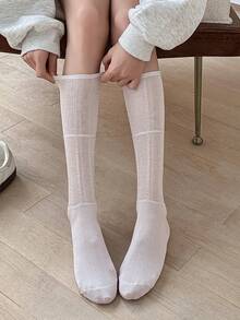1 đôi tất dài đến đầu gối mỏng, màu trơn, chất liệu rayon, kiểu dáng xếp ly, phong cách tối giản Hàn Quốc dành cho nữ. - Nhiều màu - Xem 8