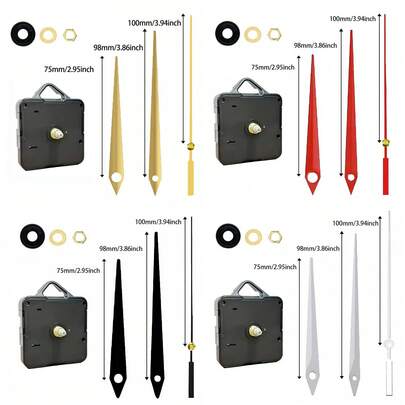 4件套石英钟机芯DIY套件，2根16mm轴长，2根20mm轴长，包含4根指针：金色、红色、黑色、白色，适用于挂钟、台钟的维修、更换和装饰，适合办公室、家居和礼品用途。