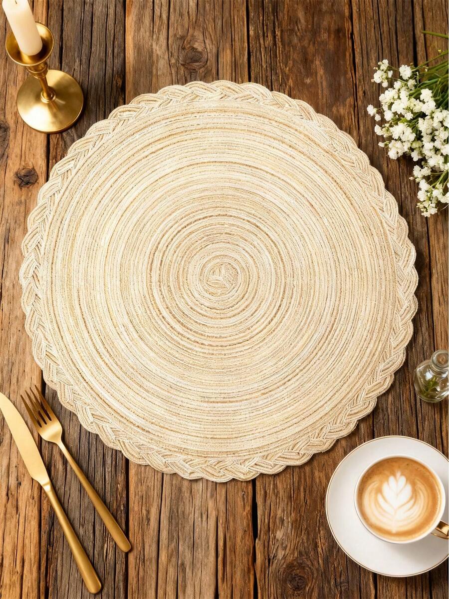 1Pc/4Pcs/6Pcs 15 Inch Bohemian Style Round Woven Placemats, Suitable For Dining And Home Decor, Perfect For Weddings, Valentine's Day, Christmas And Parties, Table Decor, Boho Decor - Beige - View 1