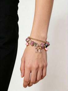 1pc Women's Adjustable Everyday Bracelet With Gold Rhinestone Butterfly, Heart & Lollipop Beaded Decor - Blue Ocean - View 4