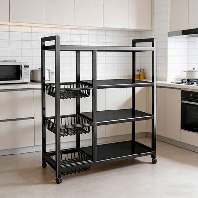 1pc Portable Storage Rack, Adjustable 4-Layer Storage Shelf With 3 Wire Baskets, Kitchen Organizer And Storage, Wheeled Rack, Suitable For Garage, Pantry, Bathroom, Closet, Warm Room, New Home Gifts