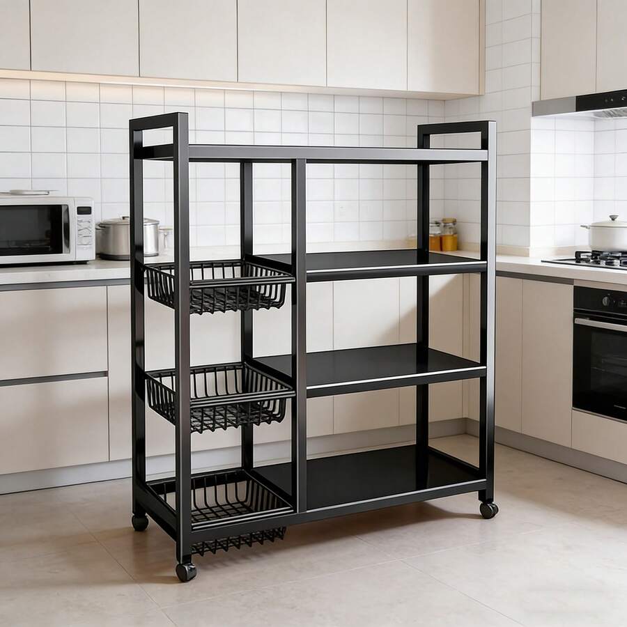 1pc Portable Storage Rack, Adjustable 4-Layer Storage Shelf With 3 Wire Baskets, Kitchen Organizer And Storage, Wheeled Rack, Suitable For Garage, Pantry, Bathroom, Closet, Warm Room, New Home Gifts - Xem 1