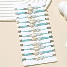 BMOR 12 Pieces Of Summer Style Turquoise Turtle Starfish Shell Hand-Woven Bracelet Adjustable Jewelry - Blue - View 2