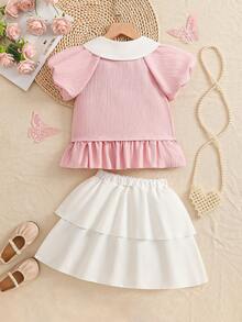 Girls' Elegant Ruched Collar Puff Sleeve Blouse + Fashionable White Double-Layer Pleated Skirt 2-Piece Set, Casual Minimalist Sweet Girl Skirt Suit, Suitable For Daily Outdoor Activities And Beach Wear - Baby Pink - View 2