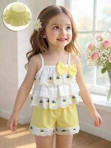 Ensemble de 2 pièces pour bébé fille: débardeur à volants avec nœud et motif ananas, short à volants ananas et chapeau de soleil. Tenue mode et polyvalente pour le quotidien, les fêtes et les sorties au printemps/été - Multicolore - Voir 3