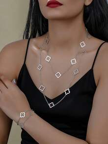 2pcs Metal Minimalist Hollow Clover Long Necklace And Bracelet Jewelry Set, Fashionable Accessory Gift For Friends And Girlfriend, Suitable For Daily Wear, Party, Holiday - Gold - View 16