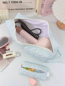 1件/套蓝色格子印花绗缝旅行美发工具收纳包套装，包含吹风机收纳袋、卷发棒收纳袋、吹风机支架、美发工具袋、发夹袋，旅行携带收纳包，适用于卷发棒、吹风机、发夹、梳子、护发精油、直发器、配件、小物件等。多功能收纳袋，旅行必备、邮轮必备、宿舍必备、返校礼物、妈妈礼物、教师礼物、伴娘礼物、生日礼物。 - 藍色 - 查看 11