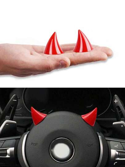 1 Pair Red ABS Cute Car Steering Wheel Little Bull Horn Decor, Dashboard Demon Horn Seamless Sticker, Car Interior Accessories