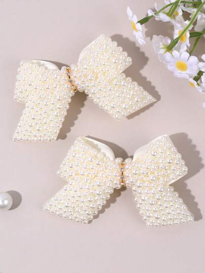 2个米色珍珠发夹，优雅珍珠发卡，纯色蝴蝶结鳄鱼夹，适合女孩节日、婚礼派对头饰，仙女风发夹，青少年发饰