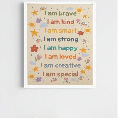 Tranh treo tường truyền cảm hứng cho lớp học trẻ em - "Tôi dũng cảm, tốt bụng, thông minh, mạnh mẽ, hạnh phúc, được yêu thương", những câu nói động viên dễ thương hình cầu vồng dành cho nhà trẻ, trường mầm non, không gian học tập Montessori, lớp học của giáo viên, phòng trẻ em, giáo dục tại nhà, tranh khích lệ, quà tặng trang trí phòng trẻ em.