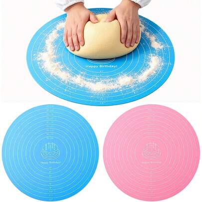 1 tấm thảm nhào bột tròn bằng silicon có vạch chia độ - Thảm nướng chống trượt để cán bột, bộ màu xanh và hồng | Cần thiết cho việc làm bánh tại nhà, thích hợp để làm pizza, bánh mì và bánh ngọt.
