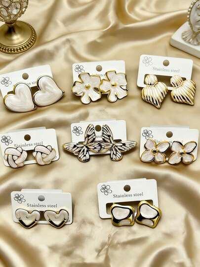 12 piezas/6 pares de pendientes elegantes y encantadores de acero inoxidable para mujeres, con diseños de corazón, geométricos y otros estilos de moda, con gotas de aceite blanco, son el regalo perfecto para las fiestas para familiares y amigos