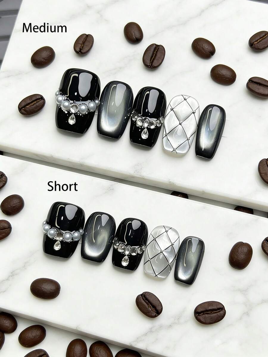 10片手工黑白珍珠美甲贴片，日式极简风格，可重复使用，女士适用 - 彩色 - 查看 1