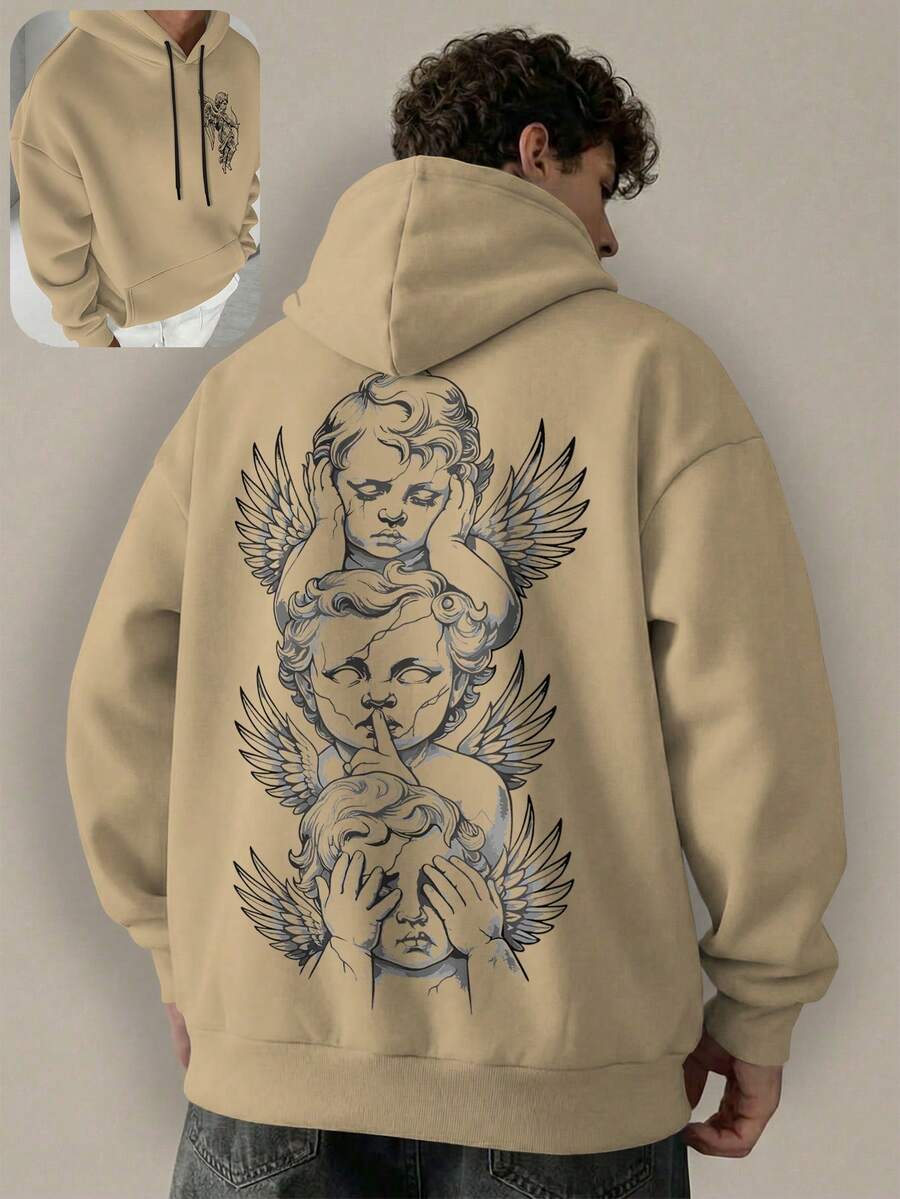 Men's Cherub Angels Dark Tattoo Style Back Print Streetwear Aesthetic Hoodie Tumblr - 杏色 - 查看 1