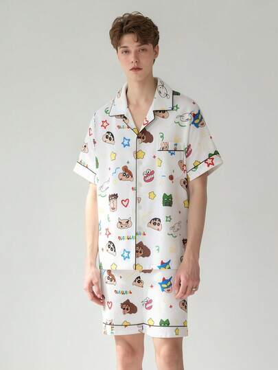 Gongdie CRAYON SHINCHAN 2件套蜡笔小新男士白色睡衣套装，短袖，柔软透气