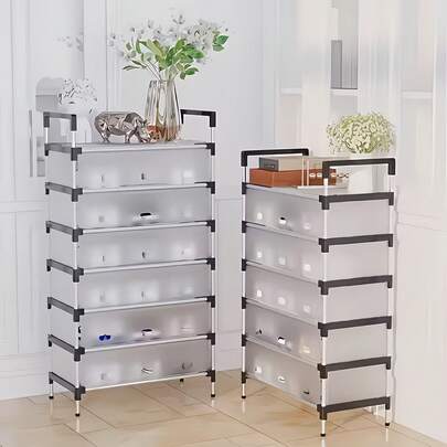 (رف معطف وقبعة بطراز 6/7 طبقات) رف أحذية، خزانة عرض أحذية رياضية كبيرة شفافة مقاومة للغبار، مع أدراج وقاعدة قابلة للطي مضادة للانزلاق، رف أحذية ورف، يمكن استيعاب 24-32 زوج من الأحذية - خزانة عرض وتخزين متعددة الوظائف سهلة التنظيف، منظم أحذية، جهاز تخزين حديث (لونان أسود وأبيض)