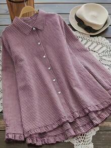 女士格子梭织面料纽扣前襟衬衫领长袖衬衫，常规版型休闲上衣，荷叶边下摆 - 酒紅色 - 查看 4