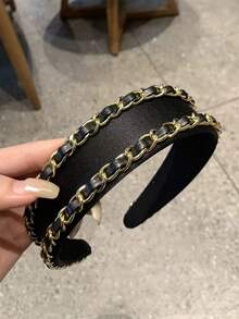 1件黑色优雅链条宽檐发箍 女士日常佩戴高冠式发箍 奢华发饰 - 黑色 - 查看 5