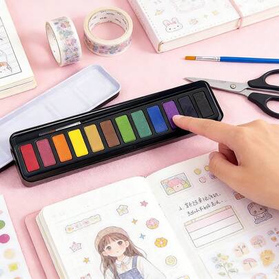 12-Color Pure Watercolor Paint Set With Brush - Portable Metal Box Palette For Beginners, Students, And Artists - High Saturation Paint Cakes, Suitable For Travel And Use