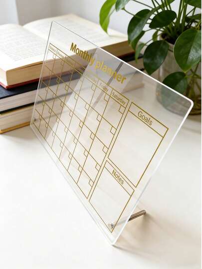 Bộ 1 bảng viết xóa khô bằng acrylic từ tính, bảng ghi nhớ từ tính gắn tủ lạnh, mẫu chữ hoa vàng, bảng trắng trong suốt, thích hợp để trưng bày kế hoạch, ghi chú, lịch (Bao gồm 6 bút viết bảng trắng, ốc vít từ tính)