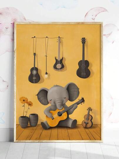 1pc, Canvas Wall Art, Framed Wall Decor, Elephant Musician Kids' Room Wall Art, Animal Guitarist Poster For Children, Music Room Decor For Kids, Children's Music Art, Yellow Playroom Decorative Painting, Kids' Room Poster, Children's Wall Art, Nursery Decor, Gift, Perfect Gift For Boys' And Girls' Rooms, Bohemian Animal Decorative Painting, Kids' Room Decorative Painting, Nursery Decorative Painting, Kindergarten Decorative Poster, Daycare Room Decor, Playroom Poster