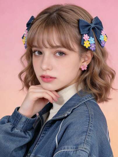 2个装Y2K牛仔蓝蝴蝶结发夹，适合女孩佩戴，精致刺绣花朵蝴蝶结发夹，完美适用于春夏日常、母亲节礼物、婚礼派对、学校活动、演出和聚会。可爱的鳄鱼夹可作为女儿的生日礼物，音乐节时尚头饰公主风发饰，甜美女孩发饰。