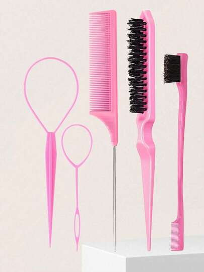 5pcs Hair Styling Brush Set, Including 2pcs Topsy Tail Tools, 1pc Sponge Wax Brush, 1pc Edge Brush, 1pc Rat Tail Comb, Suitable For Women, Girls, Rebel Hair, Edging And Back Brushing, Colors: Pink/Black/Purple, Suitable For Hairstylists, Salons Hair Tools And Accessories
