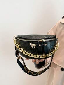 Thick Chain Strap Shoulder Crossbody Bag, Fashion Saddle Bag For Phone & Coin - Black - View 2