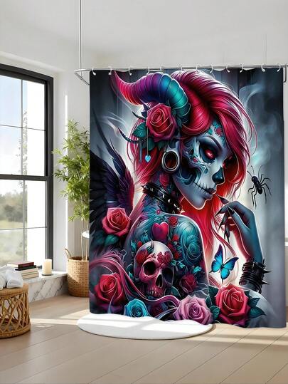 Bộ 1/4 món rèm tắm chống thấm nước họa tiết phù thủy đen, chất liệu polyester dày chống nấm mốc, bao gồm 12 móc treo, thảm chống trượt, thảm hình chữ U và nắp bồn cầu tròn.