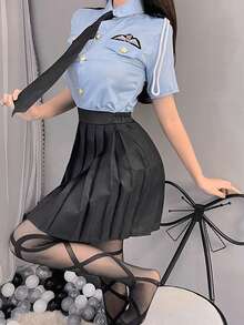 1 Conjunto de Disfraz de Azafata y Oficial Sexy, Uniforme de Juego de Roles, Secretaria Seductora (Medias no incluidas) - Azul - Ver 2
