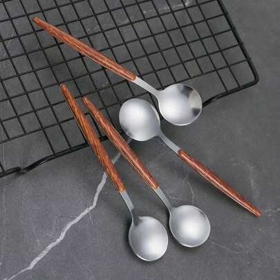 12pcs/25pcs Stainless Steel Spoons, Wooden Grain Handle Round Head Spoons, Modern Thick Long Handle 304 Stainless Steel Korean Style Spoons, Suitable For Soup, Cereal, Dessert, Milk, Tea, Coffee And Other Dining