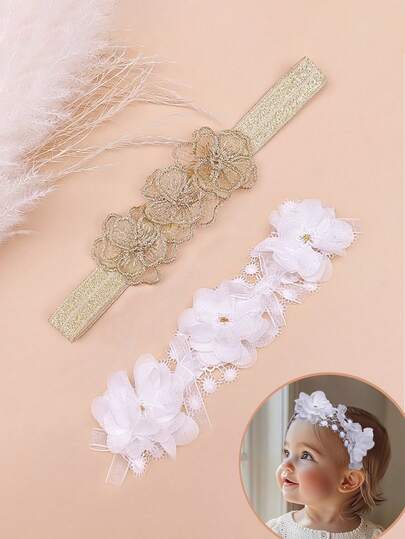 每包2个女婴花朵发箍，花朵洗礼幼儿弹力发带，新生儿婴儿发饰，适合婴儿洗礼、日常、生日派对、婚礼派对等场合。