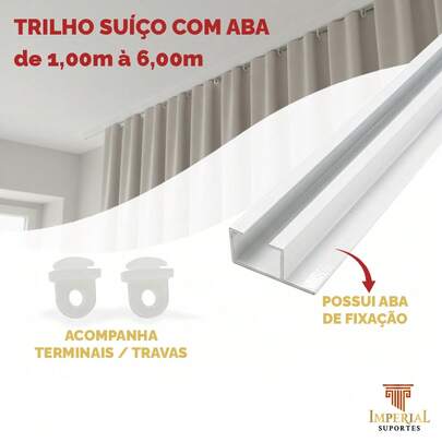 Trilho Suíço com Aba Alumínio Max Simples Cortineiro Branco Varão Cortinas Várias Medidas
