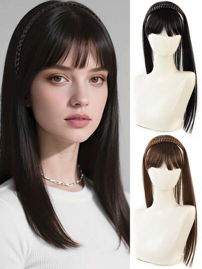 18英寸耐热合成直发假发，带刘海和辫子，可根据需要修剪，适合日常佩戴。